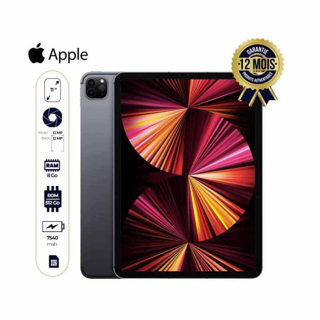  iPad Pro 11 pouces - Apple 2021 (Wi-Fi + 5G) - 512 Go/8 Go RAM - 12MP/12MP - 4088 mAh - Garantie 12 mois
