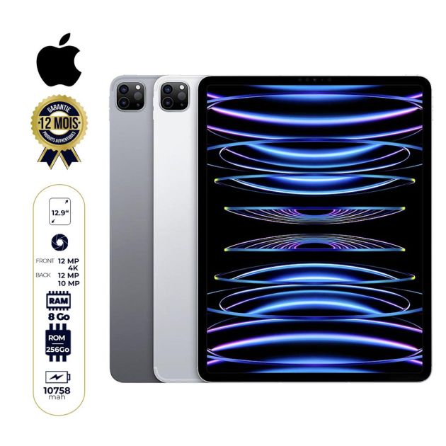 Apple ipad pro 2022 12.9'' wifi-cellular 6ieme génération - Nano Sim - 256Go/8Go - 12MP+10MP 4K/12MP - 10758mAh -Garantie : 12 mois
