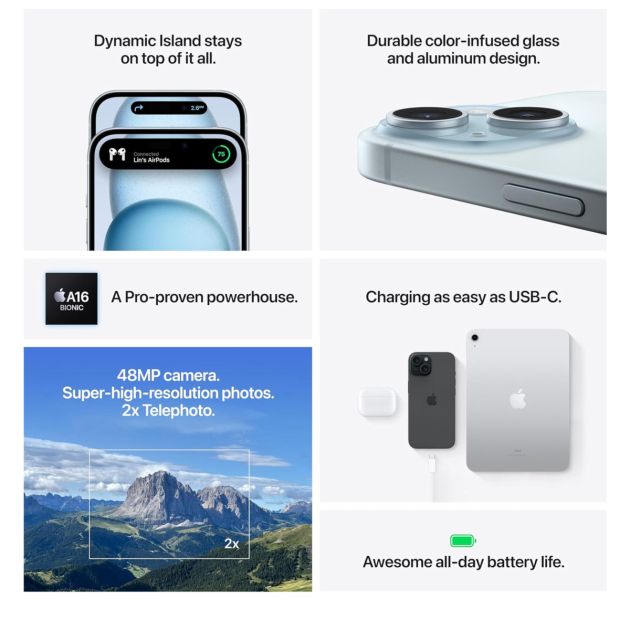 iPhone 15 - 512Go/6Go RAM - 6,1" - Apple A16 Bionic - Nano SIM physique et e-sim - 48 MP+12MP/12MP - 3349mAh - Garantie 12 mois