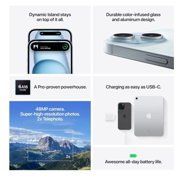 iPhone 15 Plus - 256 Go/6Go RAM - 6,7" - Apple A16 Bionic - Nano SIM physique et e-sim - 48 MP+12MP/12MP - 4383 mAh - Garantie 12 mois