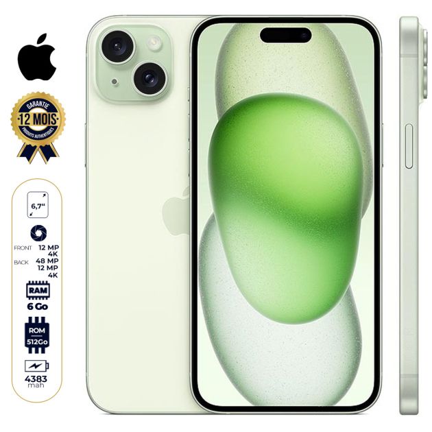 iPhone 15 Plus - 512 Go/6Go RAM - 6,7" - Apple A16 Bionic - Nano SIM physique et e-sim - 48 MP+12MP/12MP - 4383 mAh - Garantie 12 mois