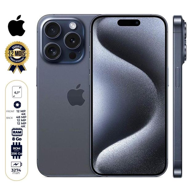 iPhone 15 Pro - 256 Go/8Go - 6,1" - Apple A17 Pro - Nano SIM physique et e-sim - 48 MP+12MP+12MP/12MP - 3274mAh - Garantie 12 mois