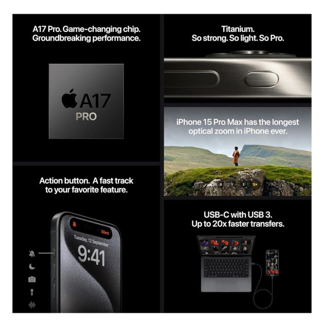 iPhone 15 Pro Max - 1To/8Go RAM - 6,7" - Apple A17 Pro - 2 Nano SIM physique - 48 MP+12MP+12MP/12MP - 4422mAh - Garantie 12 mois