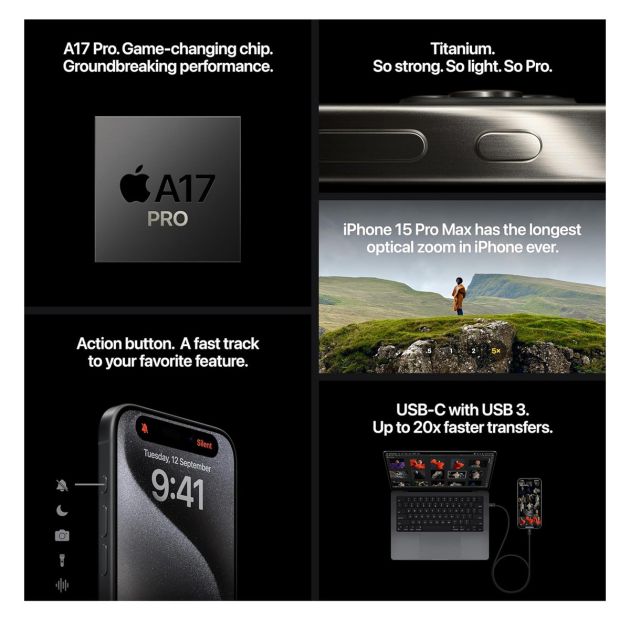 iPhone 15 Pro Max - 512 Go/8Go RAM - 6,7" - Apple A17 Pro - 2 Nano SIM physique - 48 MP+12MP+12MP/12MP - 4422mAh - Garantie 12 mois