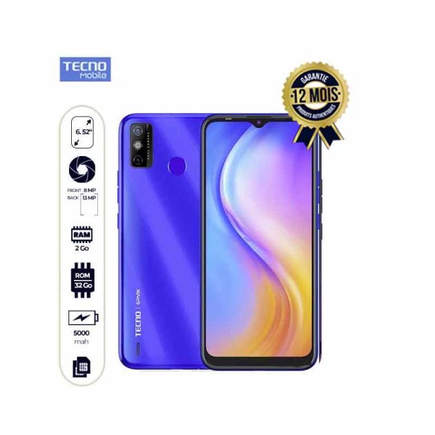 TECNO SPARK GO 2020 -Smartphone - 32/2Go - 13MP/8MP - 5000mAh - 12 Mois