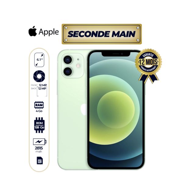 Iphone 12 - Seconde main - 128/4 Go - 6.1"- 12 Mp - 2815 mAh - 12 mois de garantie