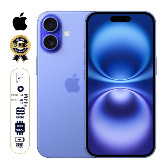 iPhone 16 - 512 Go - 8Go RAM - 6,1" - Apple A18  - 1 Nano SIM physique et 1 e-SIM - 48MP+12MP /12MP - 3561mAh - Garantie 12 mois