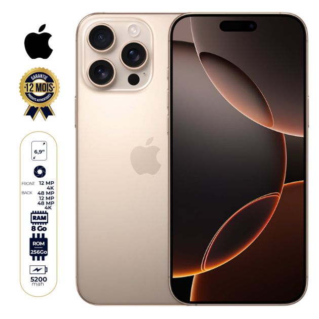iPhone 16 Pro Max - 256 Go - 8Go RAM - 6,9" - Apple A18 Pro - 1 Nano SIM physique  et 1 e-SIM - 48MP+12MP +48MP /12MP - 5200mAh - Garantie 12 mois