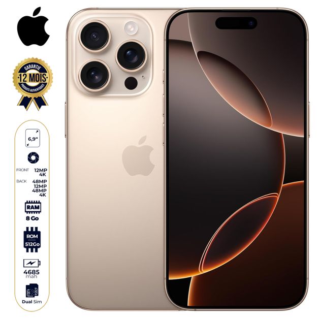 iPhone 16 Pro Max - 512 Go - 8Go RAM - 6,9" - Apple A18 Pro - 2 SIM physique - 48MP+12MP +48MP /12MP - 4685mAh - Garantie 12 mois