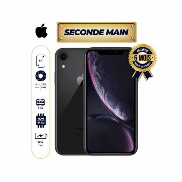 iPhone XR Seconde Main - 6.1" - 64Go/3Go RAM - Nano Sim- 12MP/7MP - 2942mAh - 3 mois de garantie