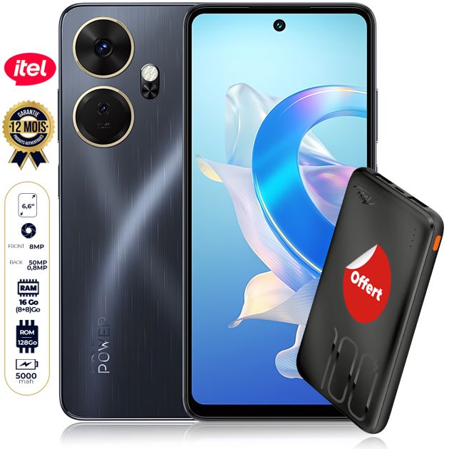 Smartphone itel P55+ - 128 Go - 16Go (8Go + 8Go)  RAM - 6.6"- Dual Nano SIM - 50MP - 5000mAh -  Avec empreinte digitale  + Power Bank ITEL (10000mAh) Offert
