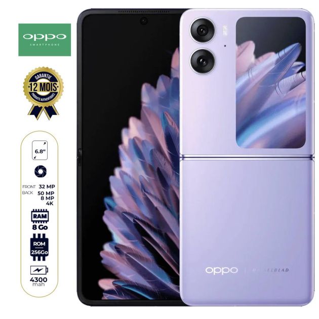 OPPO FIND N2 FLIP - 256Go/8Go - 6,8" - 2 SIM - 50MP+8MP 4K/32MP - 4300mAh - 12 mois de garantie