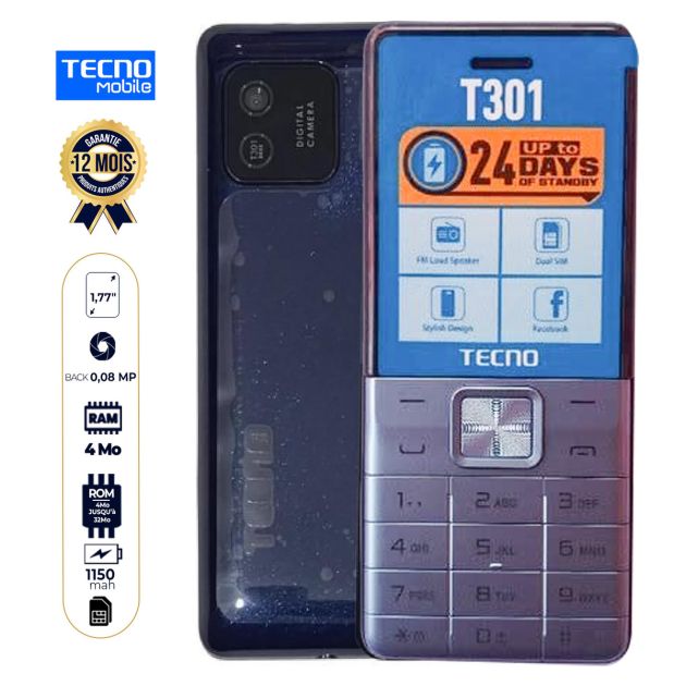 Téléphone Tecno T301 - 1,77 " - Dual Sim avec caméra et haut-parleur Fm aux flambeaux - 1150 mah - Garantie 12 Mois
