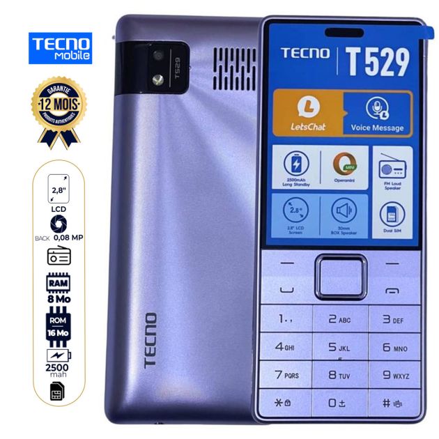 Téléphone Tecno T529 - 2.8" - 16Mo/8 Mo RAM - Radio FM - 2500 mAh - Double Sim - Garantie 12 Mois