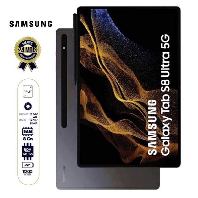 Tablette Samsung Galaxy Tab S8 Ultra 5G - 14,6" - 128Go/8Go - 13MP+6MP 4K/12MP 4K -11200mAh - Garantie 24 mois