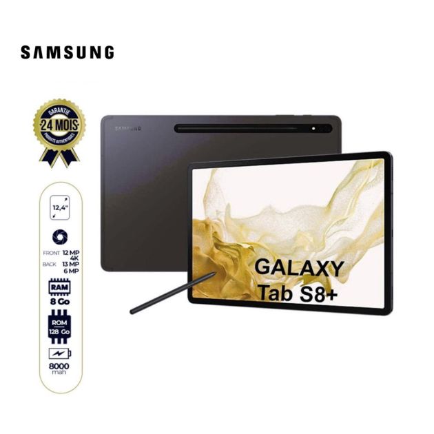 Tablette Samsung Galaxy Tab S8 Plus Wifi + 5G - 12.4" - 256Go/8Go - 13MP+6MP 4K/12MP 4K - 10090 mAh - Garantie : 24 mois