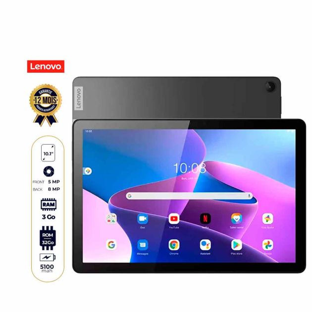 Tablette Lenovo Tab M10 Gen 3 - 32 Go - 3 Go RAM - 10.1" - 1 Nano SIM -  8 MP / 5 MP - 5100mAh - Garantie 12 mois