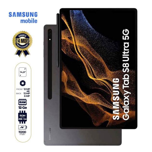Tablette Samsung Galaxy Tab S8 Ultra 5G - 14.6" - 256 Go/12Go - 13MP - 11200mAh - 24 mois de garantie